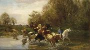 Rudolf Koller Kuhe mit Reiter am Wasser beim Zurichhorn oil on canvas